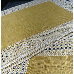 ViTG Handcraft Mustard/Gold Placemats With Gold White Crochet Detail Set of (8)